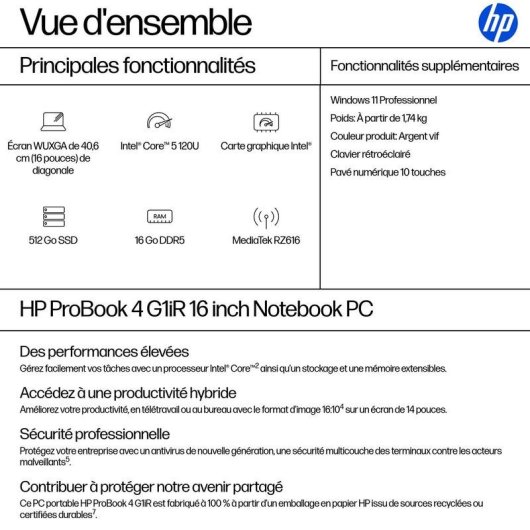 Ordinateur portable HP ProBook 4 G1iR 16" Intel Core 5 120U 16GB 512GB SSD Intel Graphics Windows 11 Pro