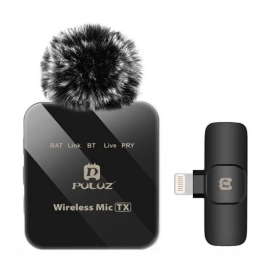 Microfone Puluz PU647B sem fios lavalier com ligação Lightning e cancelamento ENC
