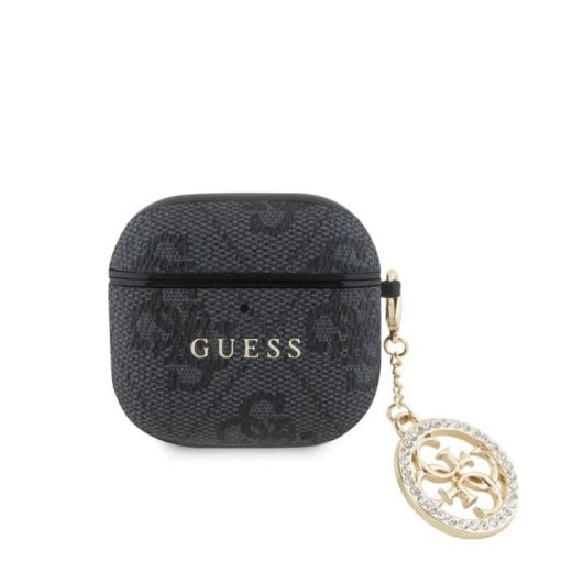Guess Funda Para Airpods 4 – Carcasa De Polipiel Negra Con Logo 4g Y Charm Con Piedras Brillantes, Diseño Elegante Y Ajuste Preciso