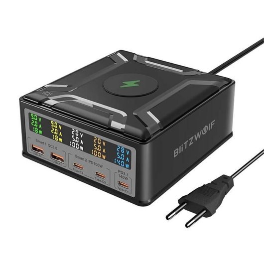 Chargeur BlitzWolf BW-S28 260W GaN 5 Ports USB-C et USB-A Charge Sans Fil 15W Noir
