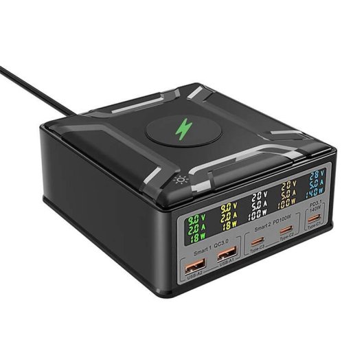 Chargeur BlitzWolf BW-S28 260W GaN 5 Ports USB-C et USB-A Charge Sans Fil 15W Noir