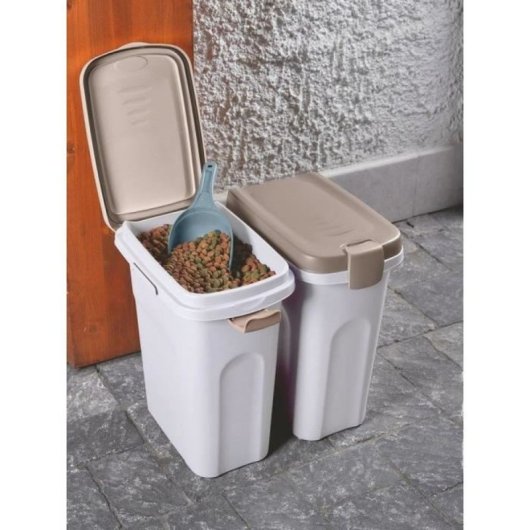 Contenedor Para Pienso Kerbl 40 L Hermético Con Junta De Goma, Tapa Con Cierre A Presión Y Ruedas, Cubeta Interior Extraíble Y Asas Integradas, Marrón Y Blanco