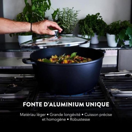 Baumalu Cazuela Alta 36 Cm, 13,4 L, Aluminio Colado Con Interior Cerámico Antiadherente Sin Pfas Y Tapa De Vidrio, Apta Horno Hasta 240 °c Sin Tapa Y 180 °c Con Tapa, Negra