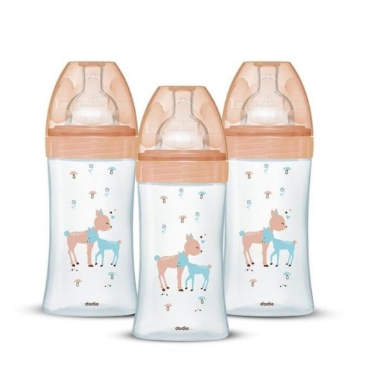Dodie Sensation+ Pack De 3 Biberones De Cristal Anti-cólicos 270 Ml Para 0-6 Meses, Tetina De Silicona Flujo 2 (medio) Con Doble Válvula, Cuello Ancho, Forma Triangular