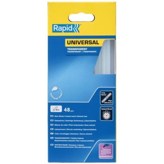 Bastones De Cola Termofusible Transparente Rapid, Ø12 Mm X 190 Mm, Pack 48 Uds. Eva Y Resina Para Pegado Rápido, Alta Fuerza De Unión Y Uso Con Pistolas Compatibles.