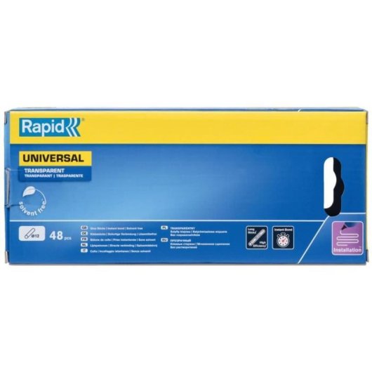 Bastones De Cola Termofusible Transparente Rapid, Ø12 Mm X 190 Mm, Pack 48 Uds. Eva Y Resina Para Pegado Rápido, Alta Fuerza De Unión Y Uso Con Pistolas Compatibles.
