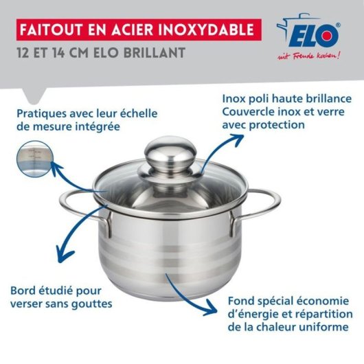 Elo Brillant Juego De Ollas/recipientes De Acero Inoxidable 18/10 Sin Pfas, 12 Cm Y 14 Cm, Con Tapa De Vidrio Resistente A Golpes, Escala De Medición Integrada E Inducción