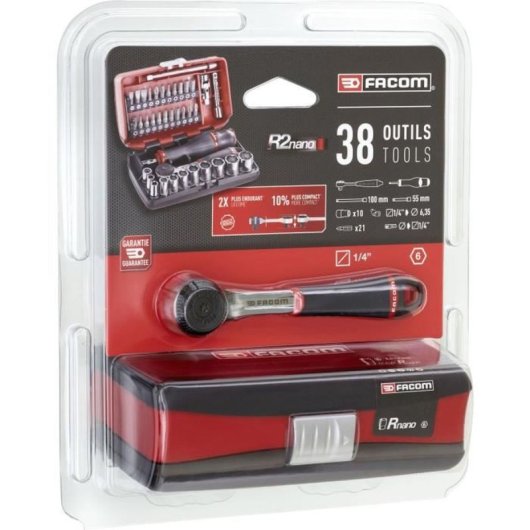 Facom R2nanopb Juego Compacto 1/4" Con Carraca Estanca 38 Piezas: 10 Vasos 6 Puntas 5,5-14 Mm, 21 Puntas, Prolongadores, Cardán Y Maletín Bimaterial