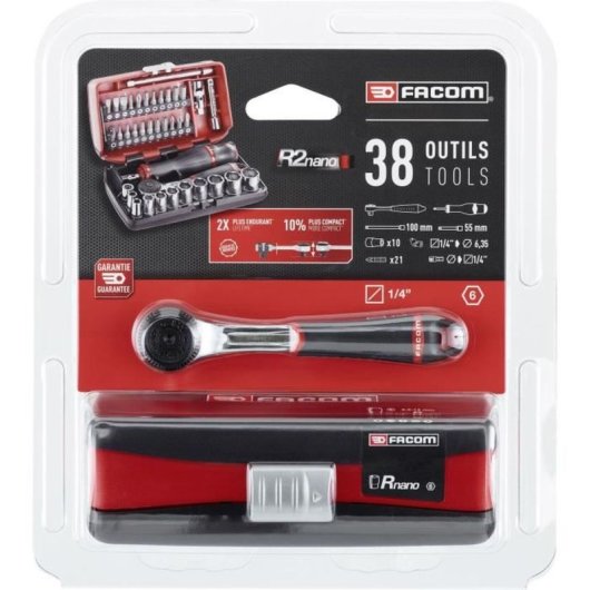 Facom R2nanopb Juego Compacto 1/4" Con Carraca Estanca 38 Piezas: 10 Vasos 6 Puntas 5,5-14 Mm, 21 Puntas, Prolongadores, Cardán Y Maletín Bimaterial