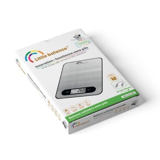 Little Balance Slim Inox 8550 Báscula Cocina Digital Recargable Usb 5 Kg, Precisión 1 G, Plato Xxl 218×158 Mm, Lcd 51×23 Mm, Tara Y Pesaje De Líquidos
