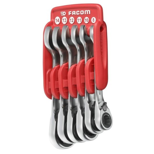 Facom 467bs.jp10 Juego De 10 Llaves Combinadas Cortas Con Carraca 7-17 Mm, 72 Dientes, 5° De Retorno, 12 Puntas, Cromo Satinado, Perfil I-beam Y Estuche De Bolsillo