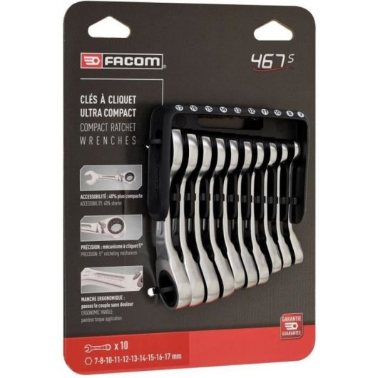 Facom 467bs.jp10 Juego De 10 Llaves Combinadas Cortas Con Carraca 7-17 Mm, 72 Dientes, 5° De Retorno, 12 Puntas, Cromo Satinado, Perfil I-beam Y Estuche De Bolsillo