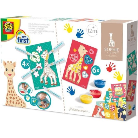 Ses Creative Sophie La Girafe Kit 2 En 1 Para Colorear Y Pintar Con Dedos, Desde 12 Meses, 6 Tarjetas, 4 Rotuladores De Bebé Hipoalergénicos Y 3 Pinturas Lavables