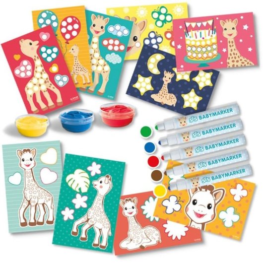 Ses Creative Sophie La Girafe Kit 2 En 1 Para Colorear Y Pintar Con Dedos, Desde 12 Meses, 6 Tarjetas, 4 Rotuladores De Bebé Hipoalergénicos Y 3 Pinturas Lavables