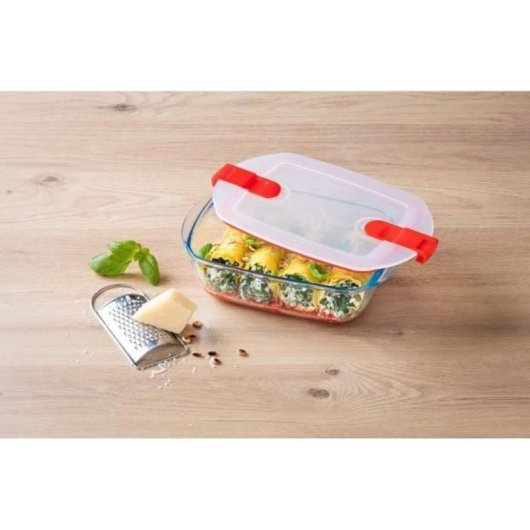 Pyrex Cook & Heat Bandeja Rectangular De Vidrio Borosilicato 23 X 15 Cm (1,1 L) Con Tapa Hermética, 2 Válvulas De Vapor Y Apta Para Horno, Microondas, Congelador Y Lavavajillas