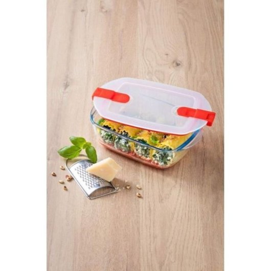 Pyrex Cook & Heat Bandeja Rectangular De Vidrio Borosilicato 23 X 15 Cm (1,1 L) Con Tapa Hermética, 2 Válvulas De Vapor Y Apta Para Horno, Microondas, Congelador Y Lavavajillas