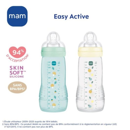 Mam Easy Active 330 Ml, Pack De 2 Botellas Ice + Pearl, Tétine Skinsoft™ Débit X, Silicona Ultra Suave Y Cuelo Ancho, Desde 6 Meses
