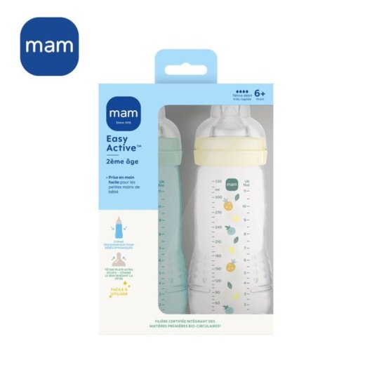 Mam Easy Active 330 Ml, Pack De 2 Botellas Ice + Pearl, Tétine Skinsoft™ Débit X, Silicona Ultra Suave Y Cuelo Ancho, Desde 6 Meses