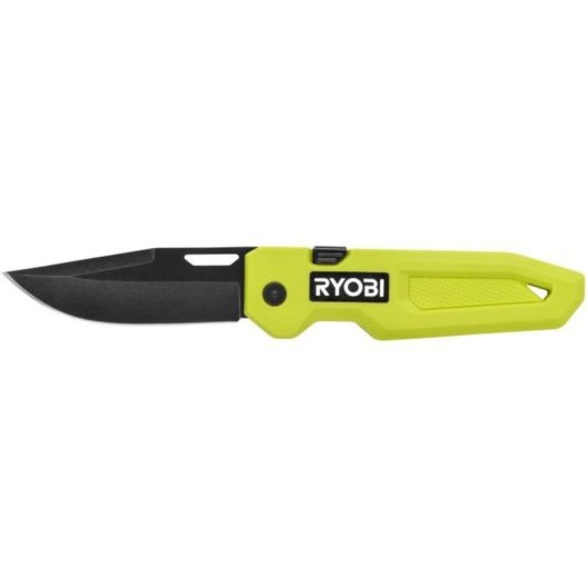 Cuchillo De Bolsillo Plegable Ryobi Rhckf-3 Con Hoja Drop Point De Acero Inoxidable Al Carbono Recubierta Negra, Apertura Con Un Dedo Y Bloqueo De Seguridad, Empuñadura Texturizada Verde/negra