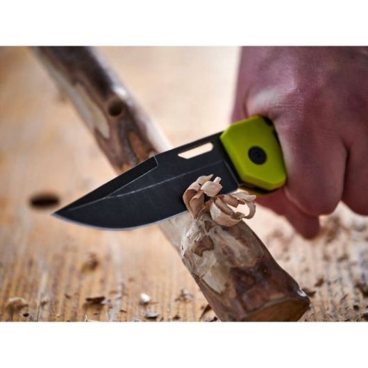 Cuchillo De Bolsillo Plegable Ryobi Rhckf-3 Con Hoja Drop Point De Acero Inoxidable Al Carbono Recubierta Negra, Apertura Con Un Dedo Y Bloqueo De Seguridad, Empuñadura Texturizada Verde/negra