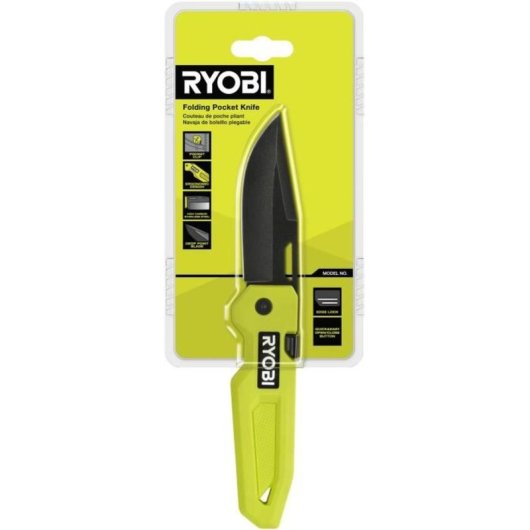 Cuchillo De Bolsillo Plegable Ryobi Rhckf-3 Con Hoja Drop Point De Acero Inoxidable Al Carbono Recubierta Negra, Apertura Con Un Dedo Y Bloqueo De Seguridad, Empuñadura Texturizada Verde/negra
