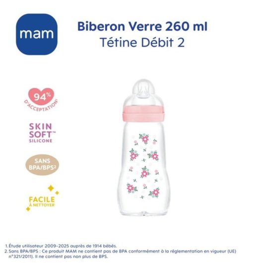 Biberón De Cristal Mam 260 Ml Rosa Con Tetina Silicona Talla 2 Skinsoft™ Desde 2 Meses, Apertura Ancha Y Tapa Anti-fugas