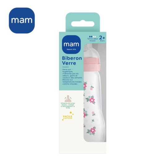 Biberón De Cristal Mam 260 Ml Rosa Con Tetina Silicona Talla 2 Skinsoft™ Desde 2 Meses, Apertura Ancha Y Tapa Anti-fugas