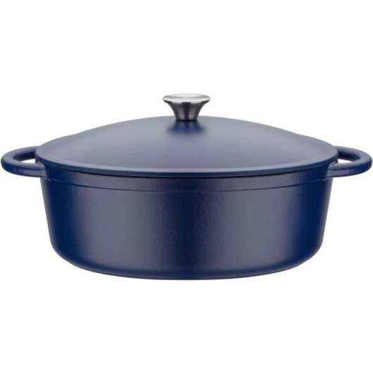 Gsw Blue Magic Cocotte Ovalada De Acero Fundido 33x26 Cm, 7 L, Esmalte Interior Blanco, Tapa Auto-basteante, Apta Para Inducción Y Horno Hasta 240 °c