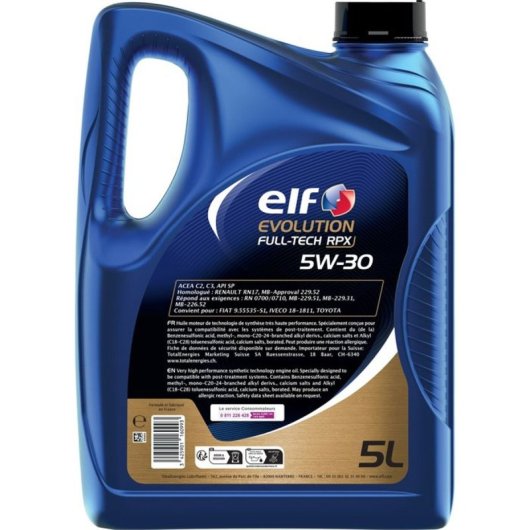 Elf Evolution Full-tech Rpx 5w-30 Aceite Motor Sintético 5 L Para Gasolina Y Diésel, Compatible Con Fap/gpf/scr, Cumple Acea C2/c3 Y Aprobaciones Mb 229.52 Y Renault Rn17
