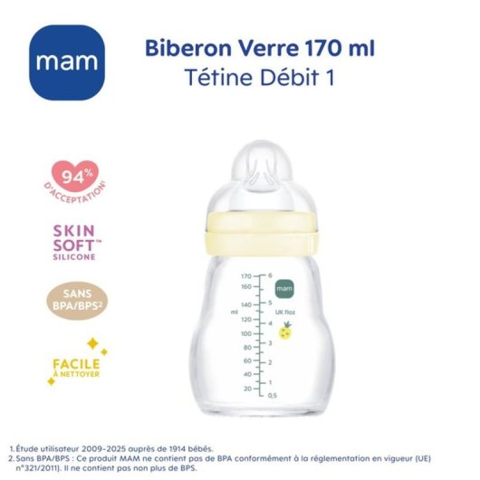 Mam Premium Glass Biberón 170 Ml Con Tetina Skinsoft Flujo Lento, Vidrio Borosilicato, 0-6 Meses, Color Blanco, Sin Bpa/bps, Compatible Mam