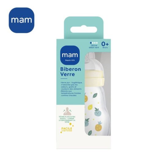 Mam Premium Glass Biberón 170 Ml Con Tetina Skinsoft Flujo Lento, Vidrio Borosilicato, 0-6 Meses, Color Blanco, Sin Bpa/bps, Compatible Mam