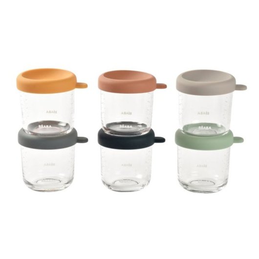 Beaba Set 6 Botes Comida Bebé De Vidrio Templado 250 Ml Con Tapa De Silicona Extraíble Hermética, Aptos Microondas, Congelador Y Lavavajillas, Graduados Ml/oz, Sin Bpa, Color Beige (914008)