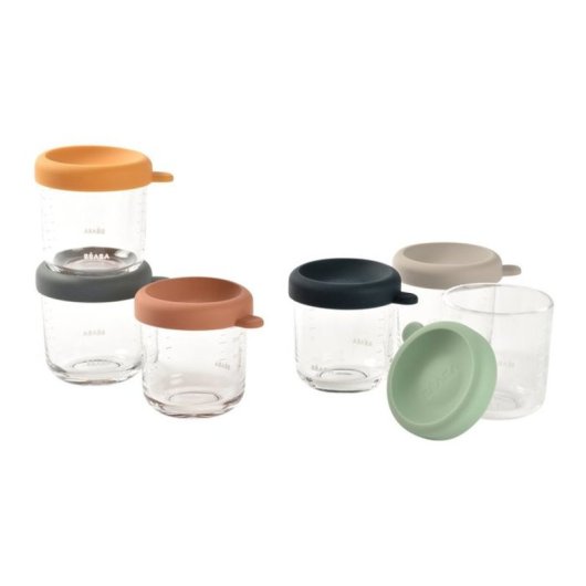 Beaba Set 6 Botes Comida Bebé De Vidrio Templado 250 Ml Con Tapa De Silicona Extraíble Hermética, Aptos Microondas, Congelador Y Lavavajillas, Graduados Ml/oz, Sin Bpa, Color Beige (914008)