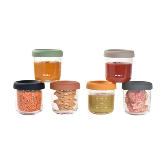 Beaba Set 6 Botes Comida Bebé De Vidrio Templado 250 Ml Con Tapa De Silicona Extraíble Hermética, Aptos Microondas, Congelador Y Lavavajillas, Graduados Ml/oz, Sin Bpa, Color Beige (914008)