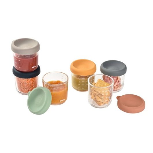 Beaba Set 6 Botes Comida Bebé De Vidrio Templado 250 Ml Con Tapa De Silicona Extraíble Hermética, Aptos Microondas, Congelador Y Lavavajillas, Graduados Ml/oz, Sin Bpa, Color Beige (914008)