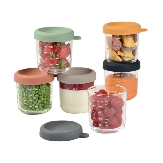 Beaba Set 6 Botes Comida Bebé De Vidrio Templado 250 Ml Con Tapa De Silicona Extraíble Hermética, Aptos Microondas, Congelador Y Lavavajillas, Graduados Ml/oz, Sin Bpa, Color Beige (914008)