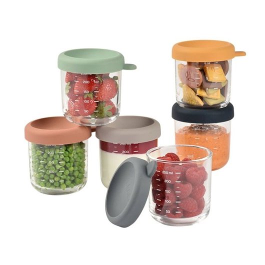Beaba Set 6 Botes Comida Bebé De Vidrio Templado 250 Ml Con Tapa De Silicona Extraíble Hermética, Aptos Microondas, Congelador Y Lavavajillas, Graduados Ml/oz, Sin Bpa, Color Beige (914008)