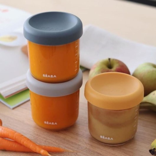 Beaba Set 6 Botes Comida Bebé De Vidrio Templado 250 Ml Con Tapa De Silicona Extraíble Hermética, Aptos Microondas, Congelador Y Lavavajillas, Graduados Ml/oz, Sin Bpa, Color Beige (914008)
