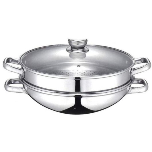 Baumalu Sartén Wok 2 En 1 De Acero Inoxidable 32 Cm Con Inserto Para Vapor Y Tapa De Vidrio