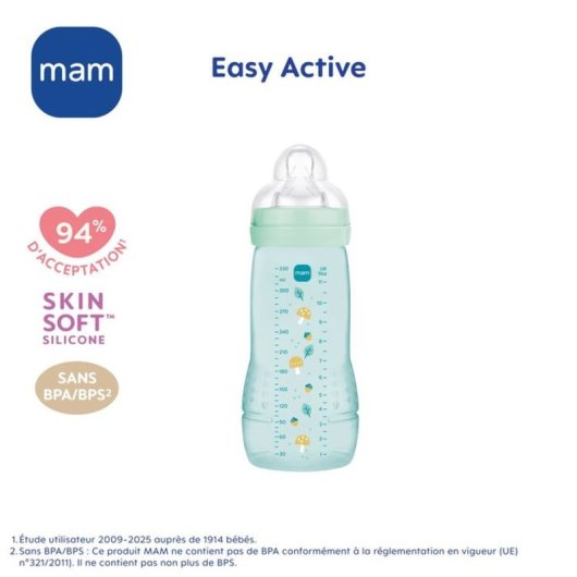 Biberón Mam Easy Active 330 Ml Etapa 2 (6+ Meses) Con Tetina Skinsoft Silicona Cuello Ancho, Tapa Anti-fugas, Materiales Bio-circular Sin Bpa/bps, Color Ice