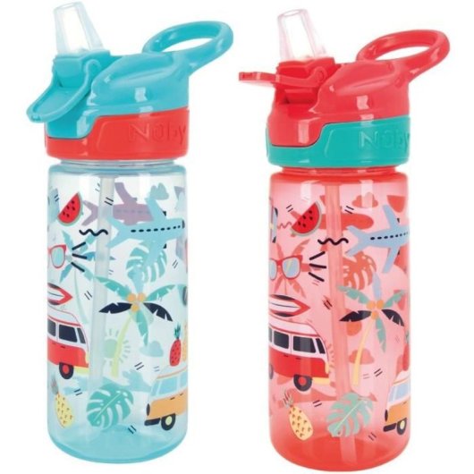 Nuby Super Quench 540 Ml (pack 2) Botella Antirretorno Para Niños Con Boquilla Softflex De Silicona Y Pajita Interna Reutilizable