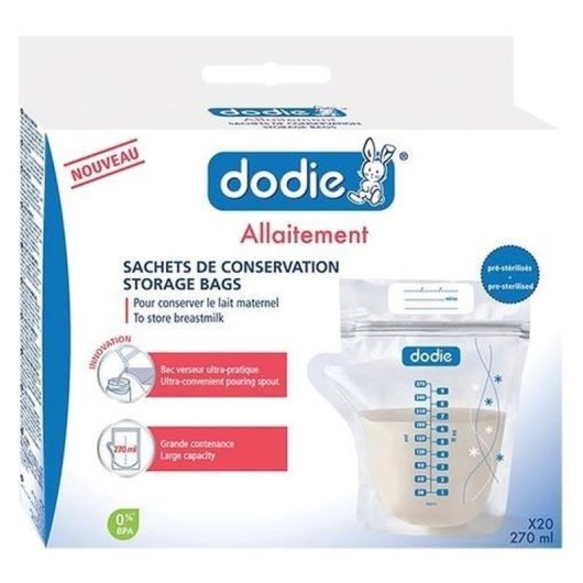 Dodie Bolsas Para Conservación De Leche Materna 20 Unidades 270 Ml, Preesterilizadas, Sin Bpa, Con Dosificador Y Cierre Anti-fugas