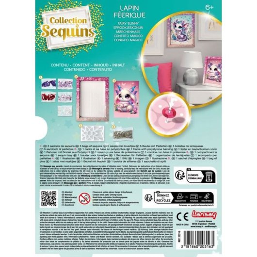 Kit Manualidades Con Lentejuelas Lansay Collection Sequins Féérique: Hada Conejita, Panel Ilustrado Con Marco, Bandeja Compartimentada Y Tornillos, Para 6+