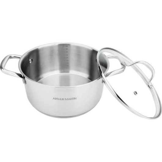 Arthur Martin Marmite De Acero Inoxidable 28 Cm Con Tapa De Vidrio, 8 L, Marcas De Volumen, Base Multicapa Para Inducción, Asas Remachadas Y Apta Lavavajillas