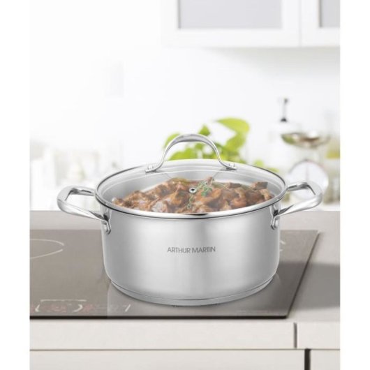 Arthur Martin Marmite De Acero Inoxidable 28 Cm Con Tapa De Vidrio, 8 L, Marcas De Volumen, Base Multicapa Para Inducción, Asas Remachadas Y Apta Lavavajillas