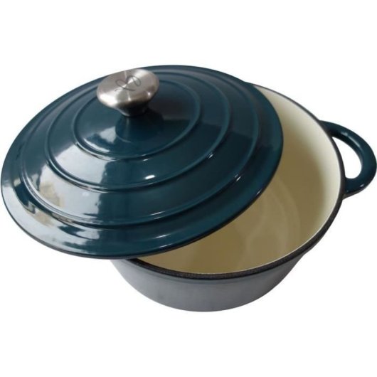 Baumalu Cocotte Redonda De Hierro Fundido Esmaltado 24 Cm, Azul Verdoso, Con Tapa Esmaltada Y Pomo Metálico, Apta Para Inducción Y Horno