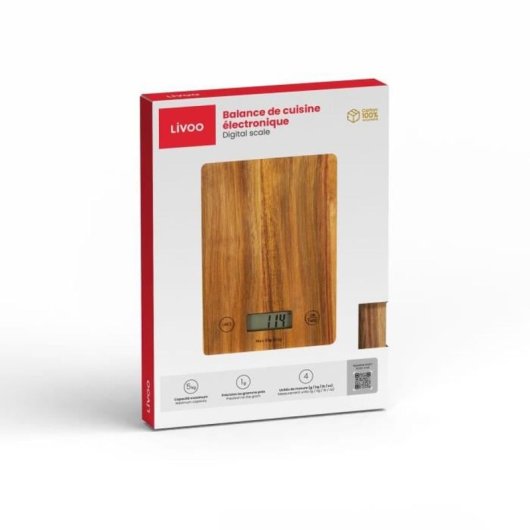 Balanza De Cocina Digital Livoo Dom492 Con Plataforma De Madera De Acacia, 5 Kg Y Precisión 1 G, Función Tare, Pantalla Lcd Y Botones Táctiles, Apagado Automático (incluye 2 Pilas Aaa)