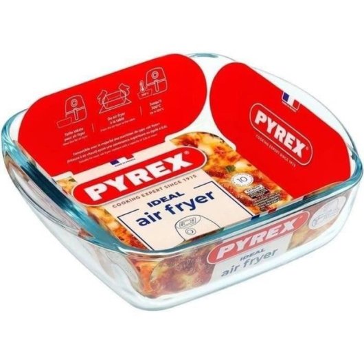 Pyrex Bandeja De Horno De Vidrio Borosilicato Cuadrada 1 L Para Airfryer, 20×17×6 Cm, Transparente, Resistente -40 A +300 °c, Apta Microondas Y Lavavajillas