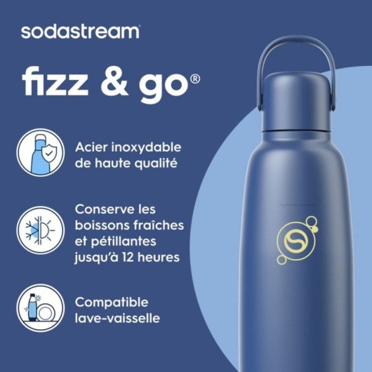 Botella Sodastream Fizz&go Cool De Acero Inoxidable Aislante 930 Ml, Azul, Reutilizable, Apta Lavavajillas, Con Asa Semirrígida Y Compatibilidad Quick Connect