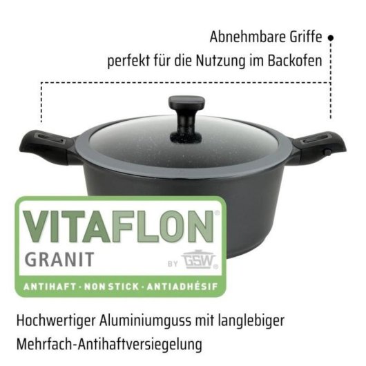 Gsw Easy Click Cazo De Aluminio Fundido 20 Cm 1,5 L Vitaflon Granit, Asas Extraíbles, Tapa De Vidrio Con Borde De Silicona, Apto Para Inducción Y Horno (sin Asas)